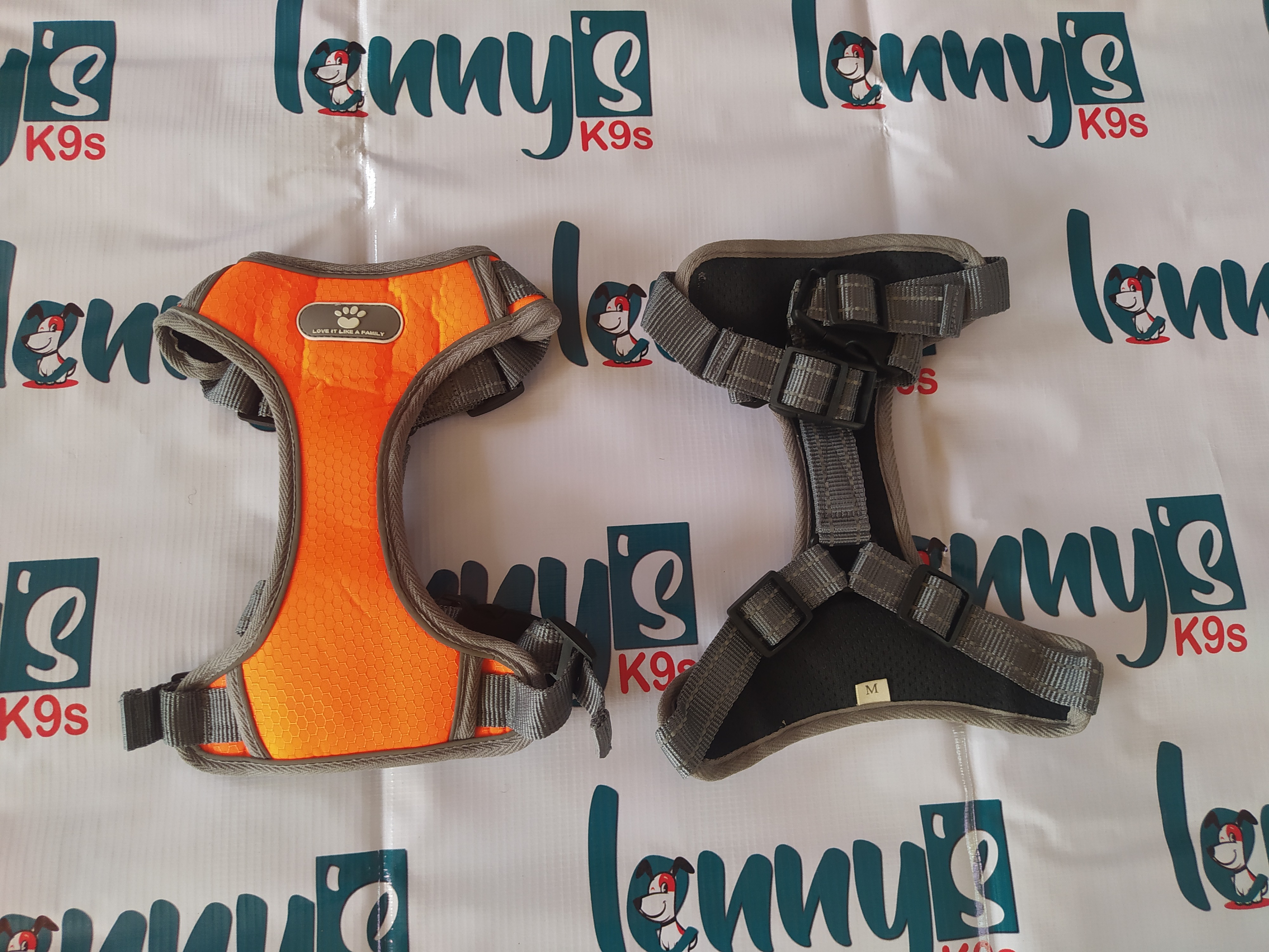 Orange and black dog harnesses with adjustable straps.